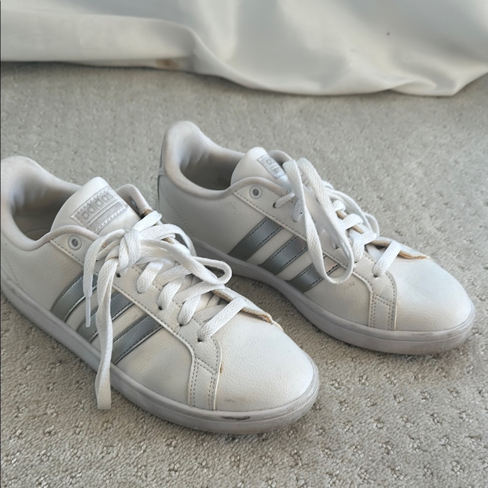 Adidas White Sneakers with Gray Stripes